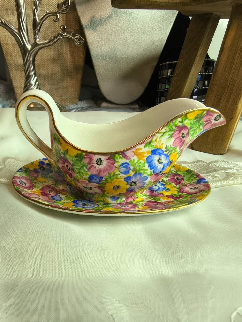 Vintage Lord Nelson Ware England Floral Chintz Pattern Gravy Boat and Plate